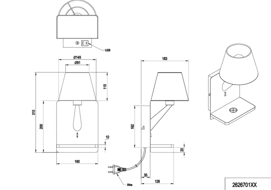 Comfort vegglampe med USB