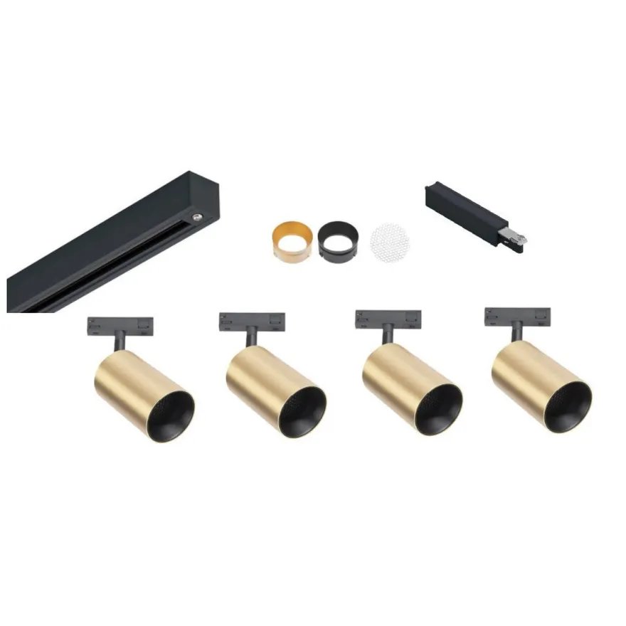 Designline Tube Pro komplett 1.9 meter spotskinne med 4 spotter GU10 - Svart/Messing