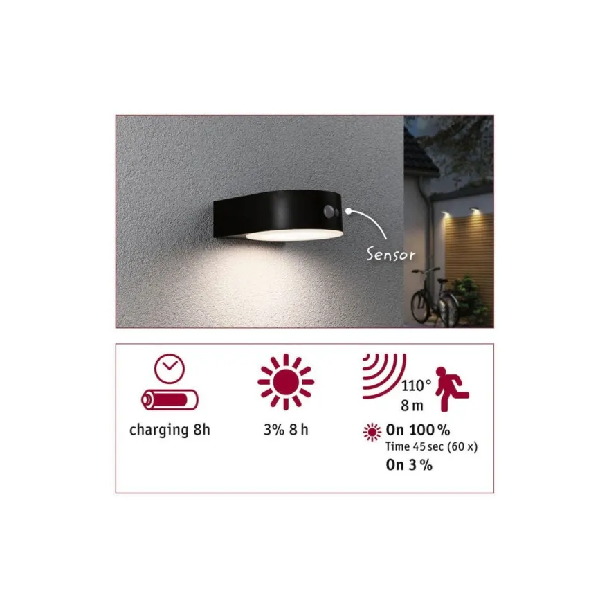 Eileen vegglampe utendørs 5,5W 3000 Kelvin m/bevegelses sensor - Solcelle