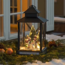 Stor lykt med juletre og snømenn - 42cm