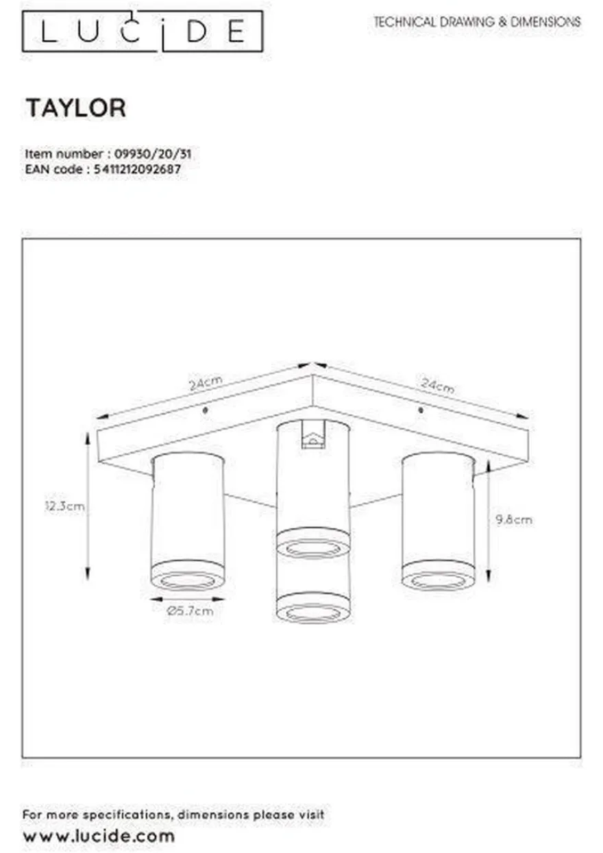 Taylor spot 4 lys IP44 baderom warm to dim 4x5W 2200-3000K