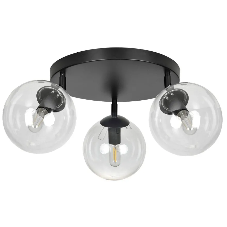 Tofi taklampe rund 3 lys - Svart/Klart glass