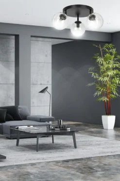 Tofi taklampe rund 3 lys - Svart/Klart glass